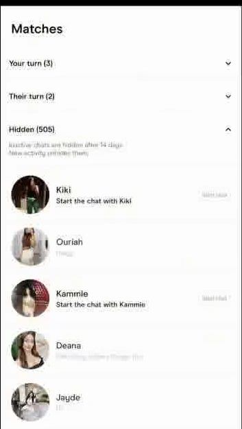 Hinge matches screen showing 505 hidden matches