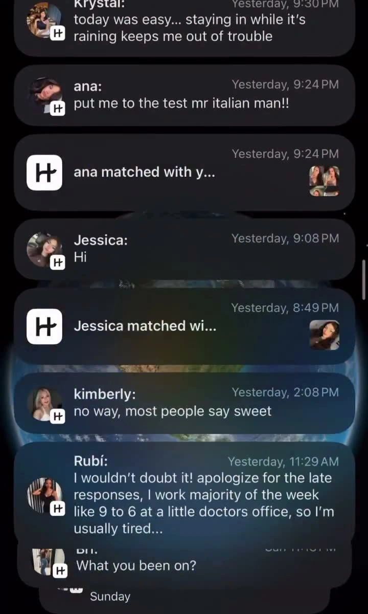 A customer's lock screen stacked with Hinge matches and incoming messages